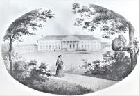 Heinrich_Waldemar Rau,_Pohled na zadní průčelí zámku Kačina z parku,reprodukce kolorované litografie z r. 1852