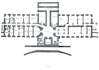 Plán z roku 1910 s vyznačením původní funkce jednotlivých<br />  místností suterénu zámku Kačina včetně zámecké truhlárny