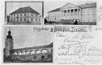 Zámek Kačina, novodvorský hostinec „Na Velké“ a zámek v Nových Dvorech na pohlednici z roku 1903